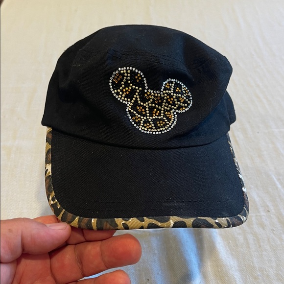 Disney Black Hat with Rhinestone Mickey and leopard trim - Picture 1 of 7